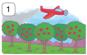 Imagem: Ilustração 1. Um avião de cor vermelha sobrevoando e lançando fumaça cinza, sobre árvores de folhas verdes com frutas vermelhas, em local com grama verde. Fim da imagem.