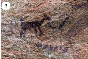 Imagem: Fotografia 3. De frente para caverna de cor bege, pintura de um animal quadrúpede, virado para à direita, pintado de cor marrom-escuro. Perto, outras pinturas em marrom-escuro.  Fim da imagem.