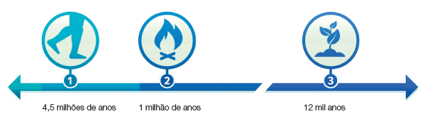 Imagem: Ilustração. Uma flecha de cor azul-claro para à esquerda e flecha para à direita, em três etapas: 1. Vista de pernas de pessoa caminhando para à direita: 4,5 milhões de anos. 2. Fogueira com madeira e chamas para cima: 1 milhão de anos. 3. Sobre solo com uma planta com três folhas pequenas: 12 mil anos.   Fim da imagem.