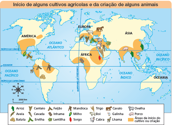 Imagem: Ilustração. Mapa. Início de alguns cultivos agrícolas e da criação de alguns animais.  Rosa dos ventos em preto com sentidos: N, NO, O, SO, S, SE, L, NE. Escala: 0 – 2000 km Legenda: Planta verde: arroz Planta em marrom na vertical: aveia Três esferas de cor bege: batata Planta cinza na vertical: Centeio Planta fina na vertical: Cevada  Planta de folhas verdes na vertical para baixo: Ervilha Planta de cor marrom para baixo: Feijão Duas esferas pequenas em cinza: Inhame Esferas pequenas em verde: Lentilha Planta de cor marrom na vertical: Mandioca Uma espiga de milho amarelo com folhas verdes: Milho Uma espiga de cor vermelha: Sorgo Planta de cor bege na vertical: Trigo Um boi branco: Boi Uma cabra branca: Cabra Um cavalo marrom: cavalo Uma galinha branca: galinha Uma lhama de cor marrom: Lhama Ovelha de cor branca: ovelha Um porco em rosa-claro: Porco Em laranja-claro: Áreas de início do cultivo ou criação No sul da América do Norte e grande parte da América Central: Áreas de início do cultivo ou criação. Na região da América Central: milho e feijão.  Noroeste e nordeste da América do Sul: Áreas de início do cultivo ou criação. Noroeste: Lhama, feijão e nordeste: mandioca. Mais na região central da América do Sul: batata.  Na Europa, região centra: e oeste: Áreas de início do cultivo ou criação. Centro: cavalo e noroeste: boi, aveia, centeio, ervilha e mais para o oriente médio: cabra, cevada, ovelha e lentilha.  Na África, no oeste: inhame e leste: sorgo.  No sul da Ásia: Áreas de início do cultivo ou criação, com porco, arros e galinha.   Fim da imagem.