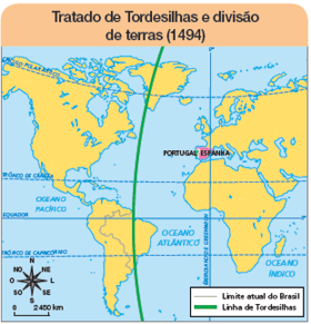 Imagem: Ilustração. Mapa. Tratado de Tordesilhas e divisão de terras (1494) Rosa dos ventos em preto com os sentidos: N, NO, O, SO, S, SE, L, NE. Escala: 0 – 2450 km Legenda: Linha lilás: Limite atual do Brasil Linha grossa verde: Linha de Tordesilhas No contorno à esquerda do Brasil: Limite atual do Brasil No meio do Brasil, linha passando na vertical: Linha de Tordesilhas.  À direita, Portugal e Espanha na Europa. Passando na Espanha na vertical, uma linha: MERIDIANO DE GREENWICH.   Fim da imagem.