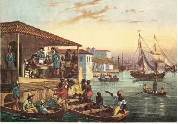 Imagem: Pintura. Local com rio de cor verde, com canoas finas de cor marrom e ao fundo, embarcações em marrom, com velas brancas. À esquerda, duas canoas marrons, uma com pessoas negras e outra com três homens de pele clara, com chapéu bege, blusa compridas e de calça. Mais à esquerda, moradia de cor bege, com telhado marrom com pessoas uniformizadas de soldados: casaco cinza e calça, perto de uma mesa redonda com dois homens sentados de pele clara, com casaco marrom. No alto, céu de cor amarelo e nuvem de cor bege.  Fim da imagem.