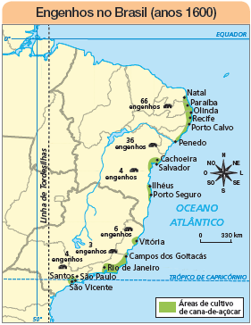 Imagem: Ilustração. Mapa. Engenhos no Brasil (anos 1600)  Rosa dos ventos em preto com sentidos: N, NO, O, SO, S, SE, L, NE.  Escala: 0 – 330 Km Legenda: áreas de cultivo de cana-de-açúcar  Ao centro do território brasileiro, linha pontilhada na vertical: Linha de Tordesilhas.   À direita, pequenas partes do litoral com: áreas de cultivo de cana-de-açúcar: Natal, Paraíba, Olinda, Recife, Porto Calvo, Penedo = 66 engenhos.  Cachoeira, Salvador = 36 engenhos. Ilhéus e Porto Seguro = 4 engenhos. Vitória = 6 engenhos, Campos dos Goitacás = 3 engenhos, Rio de Janeiro. São Paulo, São Vicente, Santos= 4 engenhos.   Fim da imagem.