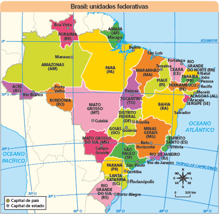 Imagem: Ilustração. Mapa. Brasil: unidades federativas. Rosa dos ventos em preto com os sentidos: N, NO, O, SO, S, SE, L, NE.  Escala: 0 – 323 km Legenda: Esfera redonda em preto com contorno amarelo: Capital de pais  Esfera redonda em preto com contorno branco: Capital de estado Região Norte: Acre (AC) – Rio Branco, Amazonas (AM) - Manaus, Roraima (RR) – Boa vista, Rondônia (RO) – Porto velho, Pará (PA) - Belém, Amapá (AP) - Macapá, Tocantins (TO) - Palmas.  Região Nordeste: Maranhão (MA) – São Luís, Piauí (PI) - Teresina, Ceará (CE) - Fortaleza, Rio grande do norte (RN) - Natal, Paraíba (PB) – João Pessoa, Pernambuco (PE) - Recife, Alagoas (AL) – Maceió, Sergipe (SE) - Aracaju, Bahia (BA) - Salvador.  Região Centro-Oeste: Mato Grosso (MT) - Cuiabá, Mato Grosso do Sul (MS) – Campo Grande, Goiás (GO) - Goiânia – Distrito Federal – Brasília. Região Sudeste: São Paulo (SP) – São Paulo, Minas Gerias (MG) – Belo Horizonte, Rio de Janeiro (RJ) – Rio de Janeiro e Espírito Santo (ES) – Vitória. Região Sul: Paraná (PR) - Curitiba, Santa Catarina (SC) – Florianópolis, Rio Grande do Sul (RS) – Porto Alegre.  Fim da imagem.