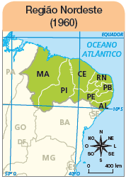 Imagem: Ilustração. Mapa. Região Nordeste (1960). Rosa dos ventos em preto com sentidos: N, NO, O, SO, S, SE, L, NE. Escala: 0 – 400 km. Estados de MA, PI, CE, RN, PB, PE, AL. Fim da imagem.