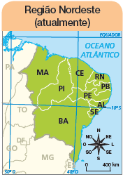 Imagem: Ilustração. Mapa. Região Nordeste (atualmente). Rosa dos ventos em preto com sentidos: MA, PI, CE, RN, PB, PE, AL, SE, BA. Escala: 0 – 400 km. Estados de CE, RN, PB, PE e AL.  Fim da imagem.