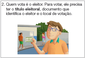 Imagem: Ilustração. Um homem visto da cintura para cima, de pele clara, cabelos castanhos, com par de óculos azul, camiseta laranja com gola verde. Ele segura na mão esquerda um título de eleitos, papel na horizontal em bege e verde. Mais ao fundo, calçada com um homem em pé, passando, de pele morena, cabelos escuros, com blusa de mangas compridas em laranja e bermuda verde. Perto da porta do local, uma mulher de pele clara, cabelos castanhos, blusa de mangas compridas em rosa e saia cinza longa. Ao fundo, local com vegetação verde.  Fim da imagem.