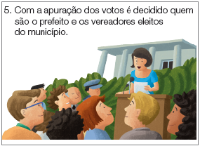 Imagem: Ilustração. A prefeita, mulher de pele clara, cabelos curtos escuros com blusa de mangas curtas em azul, de frente para um púlpito de cor marrom, discursando com folha branca na mão direita. De frente para ela, dezenas de pessoas e o homem descrito anteriormente de camiseta laranja, visto dos ombros para cima. Em segundo plano, à direita, local com paredes e vigas altas de cor cinza-claro.  Fim da imagem.