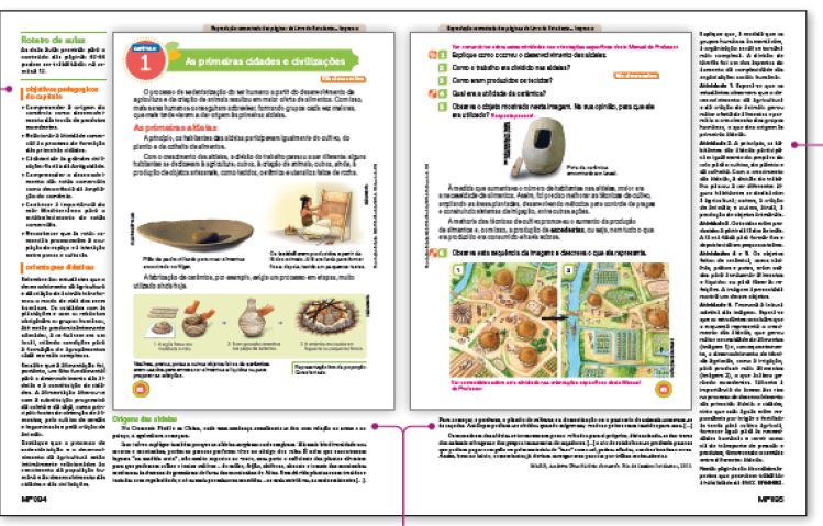 Imagem: Ilustração. Exemplifica como será página de conteúdo do livro. Página dupla composta por textos, imagens e conteúdo para o professor. Fim da imagem.