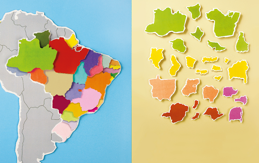 Imagem: Ilustração. À esquerda, mapa do Brasil com os estados coloridos em tons de verde, laranja, amarelo, rosa, vermelho e outras cores e à esquerda, países vizinhos em cinza.  À direita, peças coloridas e formatos diferentes de estados brasileiros. Há sete peças em verde; nove em amarelo; três em laranja; três em roxo; e quatro em vermelho.   Fim da imagem.