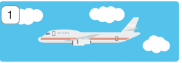 Imagem: Ilustração 1. Um avião de cor cinza com linhas finas na horizontal em vermelho e azul, indo para à esquerda. De fundo, céu em azul-claro e nuvens em branco.   Fim da imagem.