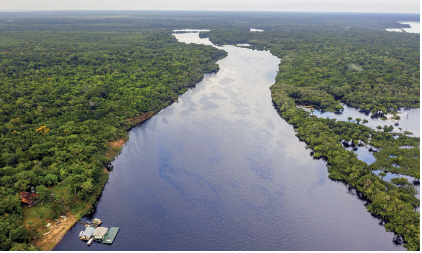 Imagem: Fotografia. Vista do alto de local com rio de água escura, com a borda de vegetação de cor verde à esquerda e à direita. O rio tem longa extensão comprimento. Na ponta da esquerda, vê-se partes pequenas de formato retangular.  Fim da imagem.