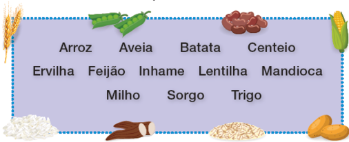 Imagem: Ilustração. Um retângulo de cor azul, com a borda com linha azul pontilhada e diversos elementos: duas folhas de trigo de cor bege-claro, ervilhas verdes na horizontal, grãos de feijões em marrom, uma espiga de milho de cor amarela com folhas verdes, duas esferas de cor bege, grãos de cor bege, dois pedaços de mandiocas em marrom e grãos brancos em arroz.  Fim da imagem.