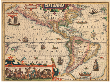 Imagem: Ilustração. Um mapa na horizontal de cor bege, com o título na parte superior: América e abaixo, América do norte com parte em bege, mais abaixo, América Central e mais abaixo, América do Sul, com parte verde à noroeste e marrom à leste. No oceano, embarcações antigas de cor marrom. Mais à esquerda, homens e mulheres de pele morena, alguns agachados.  Fim da imagem.