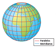 Imagem: Ilustração. Esfera terrestre de oceanos em azul, continentes em verde, com linhas finas na horizontal: Paralelos e na vertical, linhas finas na vertical: Meridianos.  Fim da imagem.