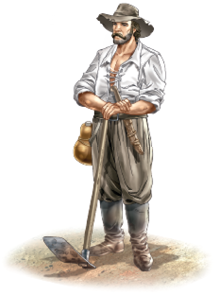 Imagem: Ilustração. Um homem de pele clara, cabelos, barba e bigode escuros, com chapéu sobre a cabeça, calça e sapatos em marrom. Um facão grande na vertical e nas mãos, uma enxada de madeira com a parte inferior em cinza. Na cintura, à esquerda garrafa de cor dourada arredondada.  Fim da imagem.