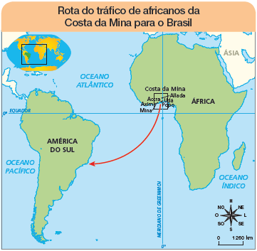 Imagem: Ilustração. Rota do tráfico de africanos da Costa da Mina para o Brasil.  Na ponta da esquerda, destaque região do continente da América do sul e da África.  Rosa dos ventos de preto: N, NO, O, SO, S, SE, L, NE.  Escala: 0 – 1260 km Da África com as regiões de: Costa da Mina, Aliada, Udá, Accra, Popo, Axim e Mina para a América do Sul. Em destaque Accra, Udá e Popo.   Fim da imagem.