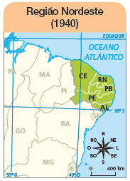 Imagem: Ilustração. Mapa. Região Nordeste (1940). Rosa dos ventos em preto com sentidos: N, NO, O, SO, S, SE, L, NE. Escala: 0 – 400 km. Estados de CE, RN, PB, PE e AL.   Fim da imagem.