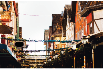 Imagem: Fotografia. Vista do alto de casas uma ao lado da outra, com telhado triangular de cor marrom. Elas têm paredes em branco e outras cores, com hastes da diagonal e horizontal de cores diferentes. Ligando de um lado para o outro, vegetação verde na horizontal. No alto, céu nublado de cor cinza.  Fim da imagem.