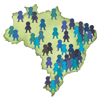 Imagem: Ilustração. Um mapa do território brasileiro de cor verde-claro com silhuetas de pessoas em tons de azul. Nas regiões de sul, sudeste e nordeste com mais aglomeração, com dezenas de pessoas e as outras regiões com menos pessoas.  Fim da imagem.