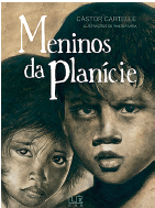 Imagem: Fotografia. Capa de livro. Fundo de cor cinza, com ilustração de dois rostos de crianças, com cabelos escuros, olhos puxados e lábios grossos. À esquerda, criança menor, com as sobrancelhas baixas, olhando para frente. À direita, menino maior, com o cenho um pouco franzido. No alto, título de livro. Fim da imagem.