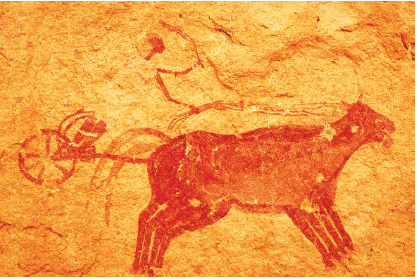 Imagem: Fotografia. Pintura sobre rocha de cor laranja, um animal grande quadrúpede, com a cabeça para à direita. Na parte traseira, rabo ligado a um rosa pequena.  Fim da imagem.