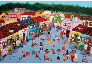 Imagem: Pintura. Vista do alto de local com rua de cor cinza, com dezenas de pessoas e crianças brincando. À esquerda e à direita, local com casas de paredes coloridas em rosa, amarela, azul, com telhado na parte superior em marrom. As crianças brincam de bambolê, uma menina negra de vestido branco e uma menina de pele morena, com vestido branco, com cabelos castanhos, dois meninos brincando no chão, uma criança pequena de pele clara, cabelos castanhos sobre um carrinho de cor vermelha, com rodas finas pretas. Dois meninos um de frente para o outro brincando de cavalinho, com haste fina e cabeça de cavalo. Um menino tem pele clara, cabelos castanhos, regata vermelha e bermuda marrom e outro com menino de pele clara, cabelos castanhos, com regata azul-claro, bermuda preta. Perto das portas das casas, em algumas pessoas conversando. E mais ao fundo, outras casas coloridas e árvore de folhas verdes e pessoa passando com bicicleta. Em segundo plano, árvores de folhas verdes e no alto, céu azul-claro.  Fim da imagem.