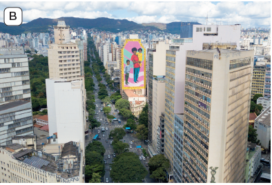 Imagem: Fotografia B. Vista do alto de local com rua, com árvores de folhas verdes, carros passando na rua. À esquerda e à direita, prédios de tamanhos médios e grandes, com ilustração colorida sobre um prédio. Em segundo plano, morros com vegetação. No alto, céu em azul e nuvens brancas. Fim da imagem.