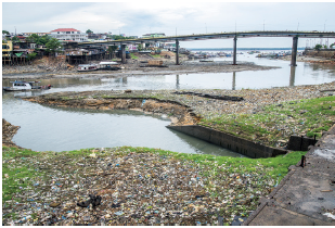 Imagem: Fotografia. Vista geral de local com solo com grama verde e centenas de dejetos sobre ele. À esquerda, local com rio de cor escura e mais à esquerda, navio pequeno de paredes branca. Em segundo plano, à direita, ponte alta, com três hastes na vertical. À esquerda, cidade com casas aglomeradas e céu nublado de cor branca.  Fim da imagem.