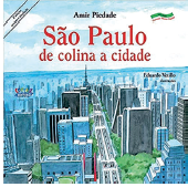 Imagem: Fotografia. Capa de livro. Na parte inferior, vista geral de cidade com muitos prédios de tamanhos e formatos diferentes. Perto dos prédios, árvores de folhas verdes. Ao centro, rua cinza por onde passam carros. Ao fundo, sobre um prédio, antena de ferro na vertical. No alto, céu em azul-claro com nuvens brancas. Na parte superior, título de livro.  Fim da imagem.