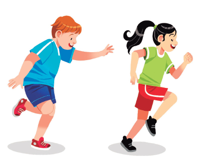 Imagem: Ilustração. Um menino robusto, usando camiseta azul, short e tênis. Ele está em pé correndo com o braço estendido na direção de uma menina com cabelos pretos e presos, usando uma camiseta verde, short vermelho e tênis. Ela está correndo e sorrindo. Fim da imagem.