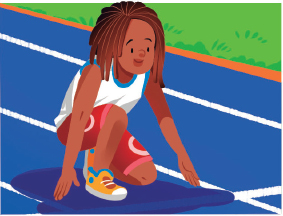 Imagem: Ilustração. Uma menina uniformizada, agachada com a perna esquerda com joelho para cima e a perna direita com o joelho para baixo e as mãos apoiadas no chão. Abaixo, o texto: Posição de largada. Fim da imagem.