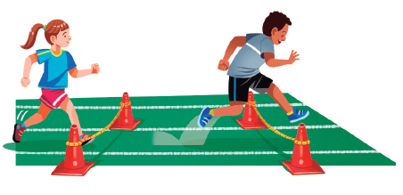 Imagem: Ilustração. Duas crianças correndo e saltando sobre cordas amarradas sobre dois cones. Abaixo, o texto: Corrida de obstáculos. Fim da imagem.