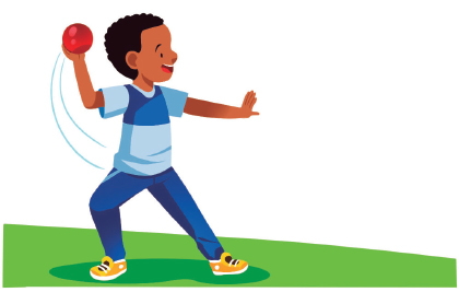 Imagem: Ilustração. Um menino com cabelo crespo, uniformizado, segurando uma bola com a mão esquerda acima da cabeça e para trás, com o joelho esquerdo flexionado e o braço direito estendido para frente. Abaixo, o texto: Posição de arremesso ao alvo. Fim da imagem.