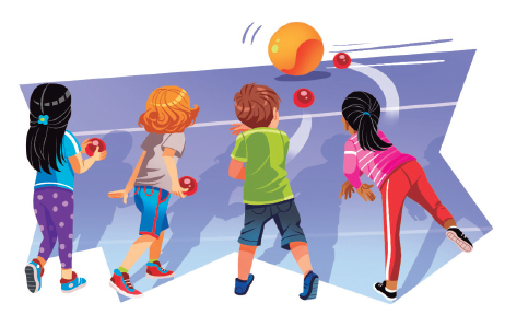 Imagem: Ilustração. Crianças de costas segurando bolas com as mãos, no fundo uma bola grande. Abaixo o texto: Arremesso ao alvo móvel. Fim da imagem.