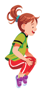 Imagem: Ilustração. Uma menina com cabelos presos, usando uma camiseta verde, uma calça vermelha e tênis. Ela está de perfil saltando, com a perna flexionada com as mãos sobre o joelho próximo a barriga. Abaixo, o texto: Posição grupada.  Fim da imagem.