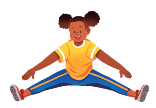 Imagem: Ilustração. Uma menina com cabelos crespos presos em uma maria chiquinha, usando uma camisa amarela, calça azul e tênis. Ela está saltando com as pernas afastadas e os braços estendidos para o lado. Abaixo, o texto: Posição afastada. Fim da imagem.