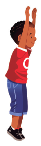 Imagem: Ilustração. Um menino com cabelos crespos, usando uma camiseta vermelha, calça azul e tênis. Ele está saltando com os braços estendidos para cima e as pernas estendidas para baixo.  Fim da imagem.