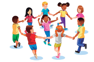 Imagem: Ilustração. Crianças de mão dadas em roda. No centro, uma menina com o braço estendido para cima. Abaixo, o texto: Roda cantada Ciranda, cirandinha. Fim da imagem.