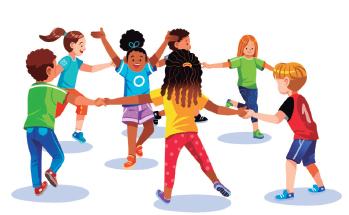 Imagem: Ilustração. Crianças de mão dadas em roda. No centro, uma menina com os braços para cima. Fim da imagem.
