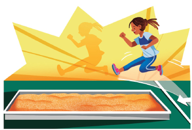 Imagem: Ilustração. Uma menina, uniformizada saltando sobre uma caixa com areia. Fim da imagem.