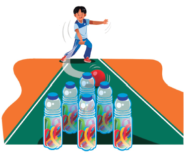 Imagem: Ilustração. Um menino uniformizado. Ele está em pé com a mão estendida na direção de uma bola. A bola está na direção de cinco garrafas de plástico enfeitadas. Fim da imagem.