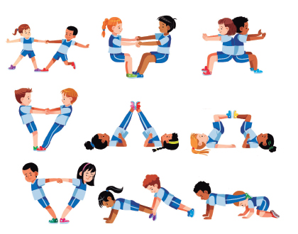 Imagem: Ilustração. Crianças uniformizadas, exemplificando as práticas de equilíbrio em duplas em 9 posições, sendo: 1. Uma menina com os braços estendidos na lateral e a perna aberta, ao lado, um menino com o braço estendido dando a sua mão esquerda para a menina, com o braço e perna direito livres. 2. Duas crianças de perfil, segurando as duas mãos, uma de frente para a outra, agachadas. 3. Duas crianças de costas uma para a outra agachadas. 4. Duas crianças de mãos dadas com o corpo inclinado para fora. 5. Duas meninas deitadas no chão com as pernas esticadas e os pés se apoiando uma na outra. 6. Duas crianças deitadas no chão com as pernas flexionadas e os pés se apoiando uma na outra. 7. Duas crianças de costas segurando as mãos inclinando cada uma para um lado. 8. Uma criança com as mãos e os pés no chão em posição de prancha. Ao lado, outra criança com as mãos sobre os calcanhares da outra e os pés no chão em posição de prancha. 9. Uma criança com as mãos no chão e as pernas estendidas e apoiadas sobre o ombro de outras crianças que está com as mãos e os joelhos no chão. Fim da imagem.