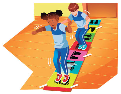 Imagem: Ilustração. Duas crianças uniformizadas, pulando em um tapete colorido com desenho de pés enfileirado em direções diferentes. Fim da imagem.