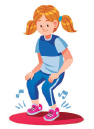 3. Uma menina uniformizada com uma maria chiquinha nos cabelos. Ela está com os joelhos flexionados e as mãos nas pernas. Ao redor dos pés, há notas musicais.