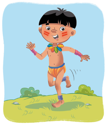 Imagem: Ilustração. Um menino indígena, com rosto pintado. Ele está em pé com o pé esquerdo apoiado ao chão e a perna esquerda flexionada.  Fim da imagem.