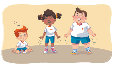 Imagem: Ilustração. Um menino ruivo, uniformizado e agachado. Ao lado, uma menina e um menino uniformizados em pé.  Fim da imagem.