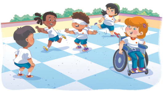 Imagem: Ilustração. Crianças uniformizadas correndo, no centro, um menino uniformizado vendado com as mãos estendidas nas laterais.  Fim da imagem.