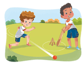 Imagem: Ilustração. Um menino uniformizado lançando uma bola. Ao lado, outro menino uniformizado, segurando um bastão dentro de um círculo, na frente de um tripé feito com madeira.  Fim da imagem.