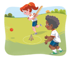 Imagem: Ilustração. Uma menina uniformizada segurando um bastão e uma bola longe. Atrás, o círculo com um tripé. Atrás, um menino de óculos uniformizado olhando para a bola.  Fim da imagem.